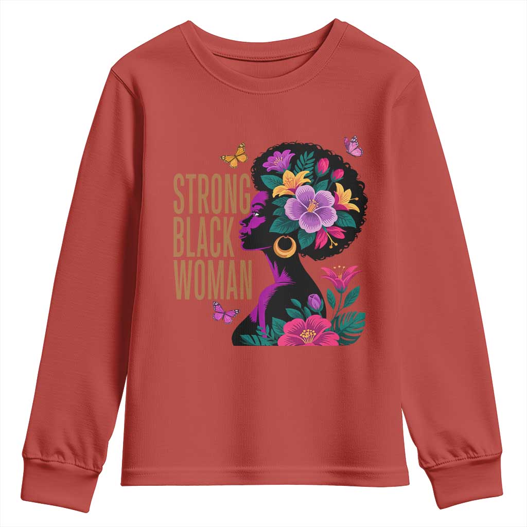 Strong Black Woman Floral Afro Youth Sweatshirt Empowering Black Queen Pride Celebrating Melanin and Strength