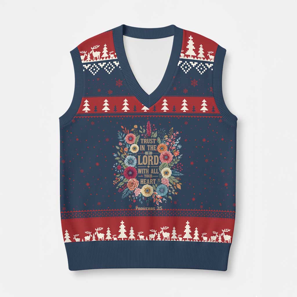 Trust in the Lord Proverbs 3:5 Floral Christian V-Neck Knit Sweater Vest Inspirational Bible Verse