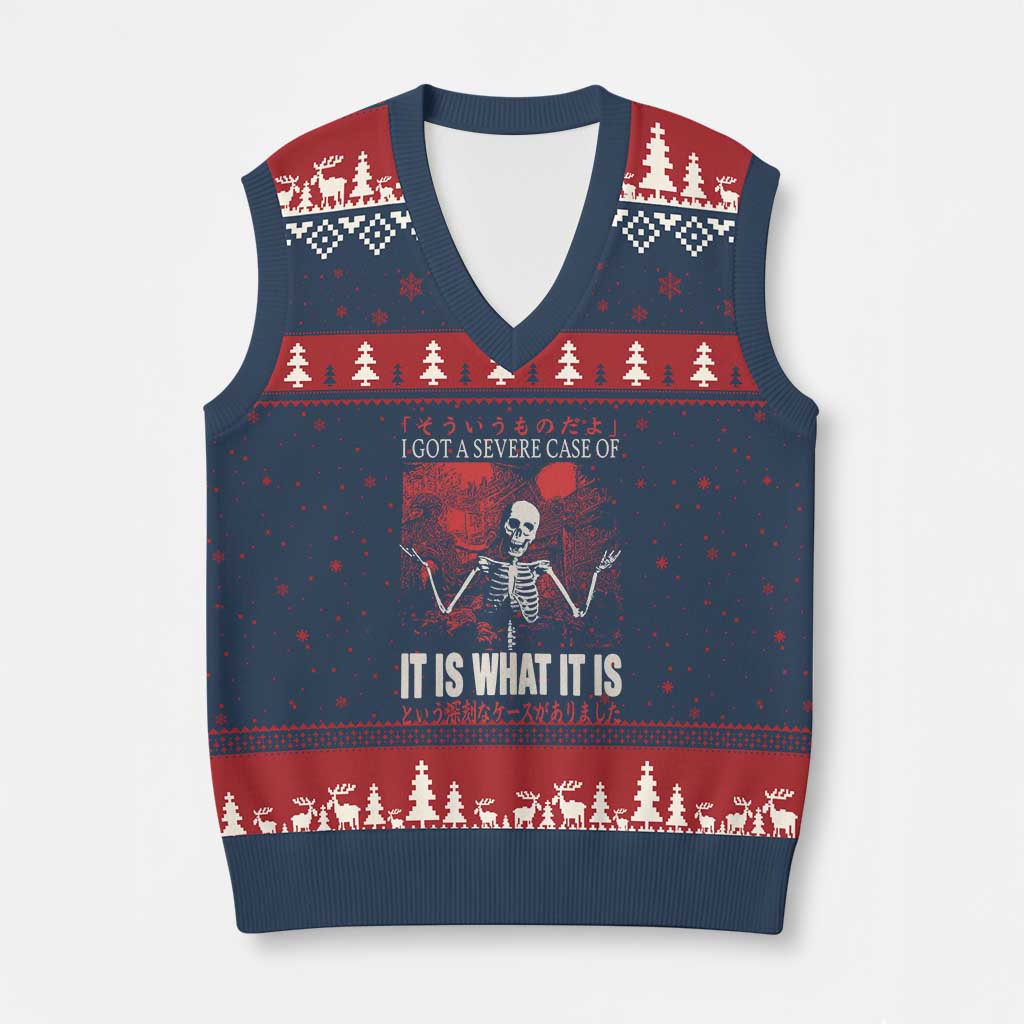 Dark Japanese Aesthetic Skeleton Meme Graphic V-Neck Knit Sweater Vest I Got a Severe Case of It Is What It Is