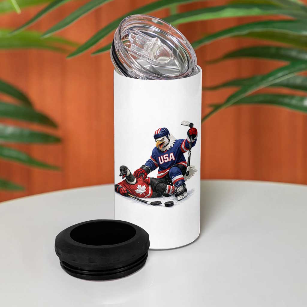 USA Eagle Vs Canada Loon Rivalry Graphic 4 in 1 Can Cooler Tumbler Funny Sports Fan Ice Hockey Game Day Supporter