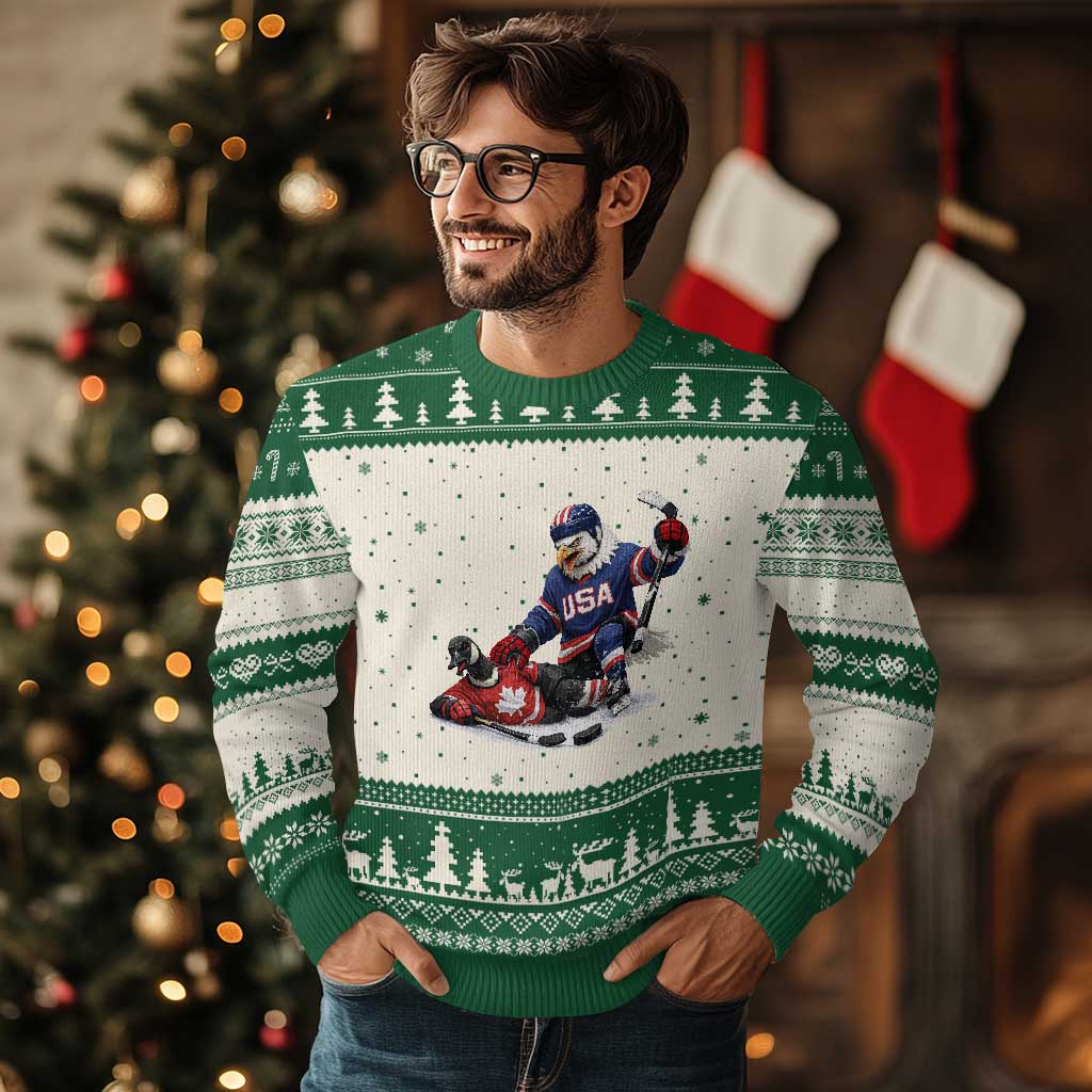 USA Eagle Vs Canada Loon Rivalry Graphic Ugly Christmas Sweater Funny Sports Fan Ice Hockey Game Day Supporter