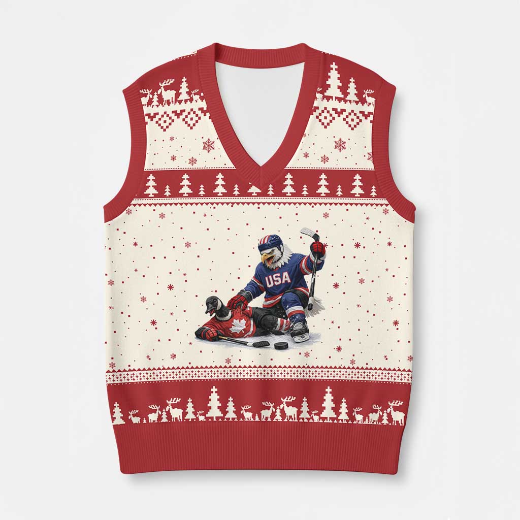 USA Eagle Vs Canada Loon Rivalry Graphic V-Neck Knit Sweater Vest Funny Sports Fan Ice Hockey Game Day Supporter