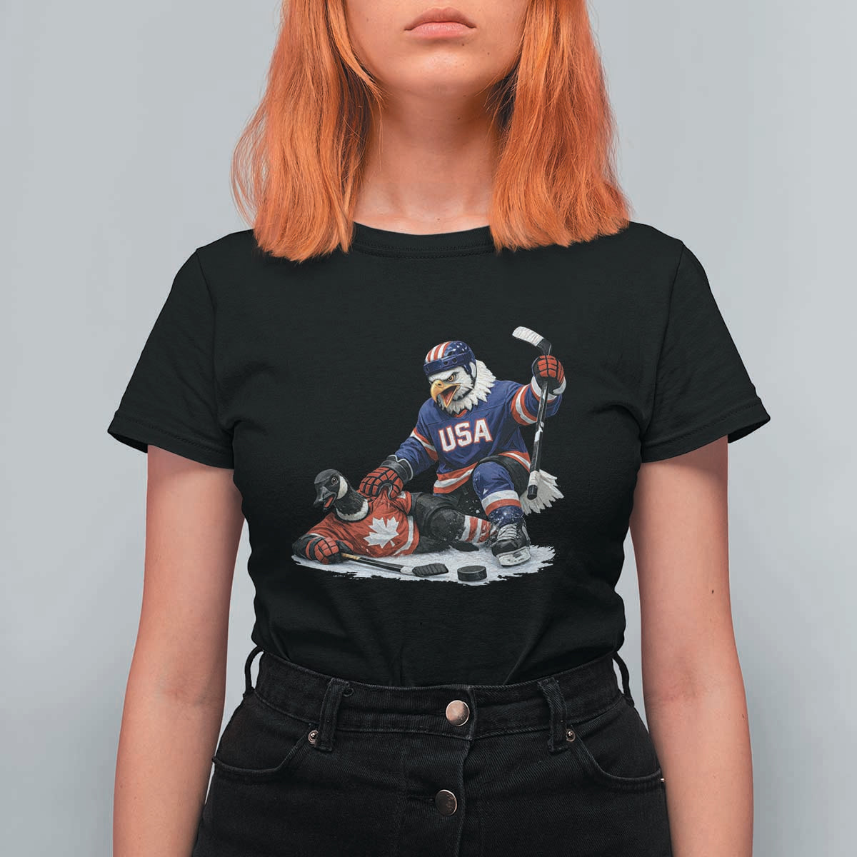 USA Eagle Vs Canada Loon Rivalry Graphic T Shirt For Women Funny Sports Fan Ice Hockey Game Day Supporter