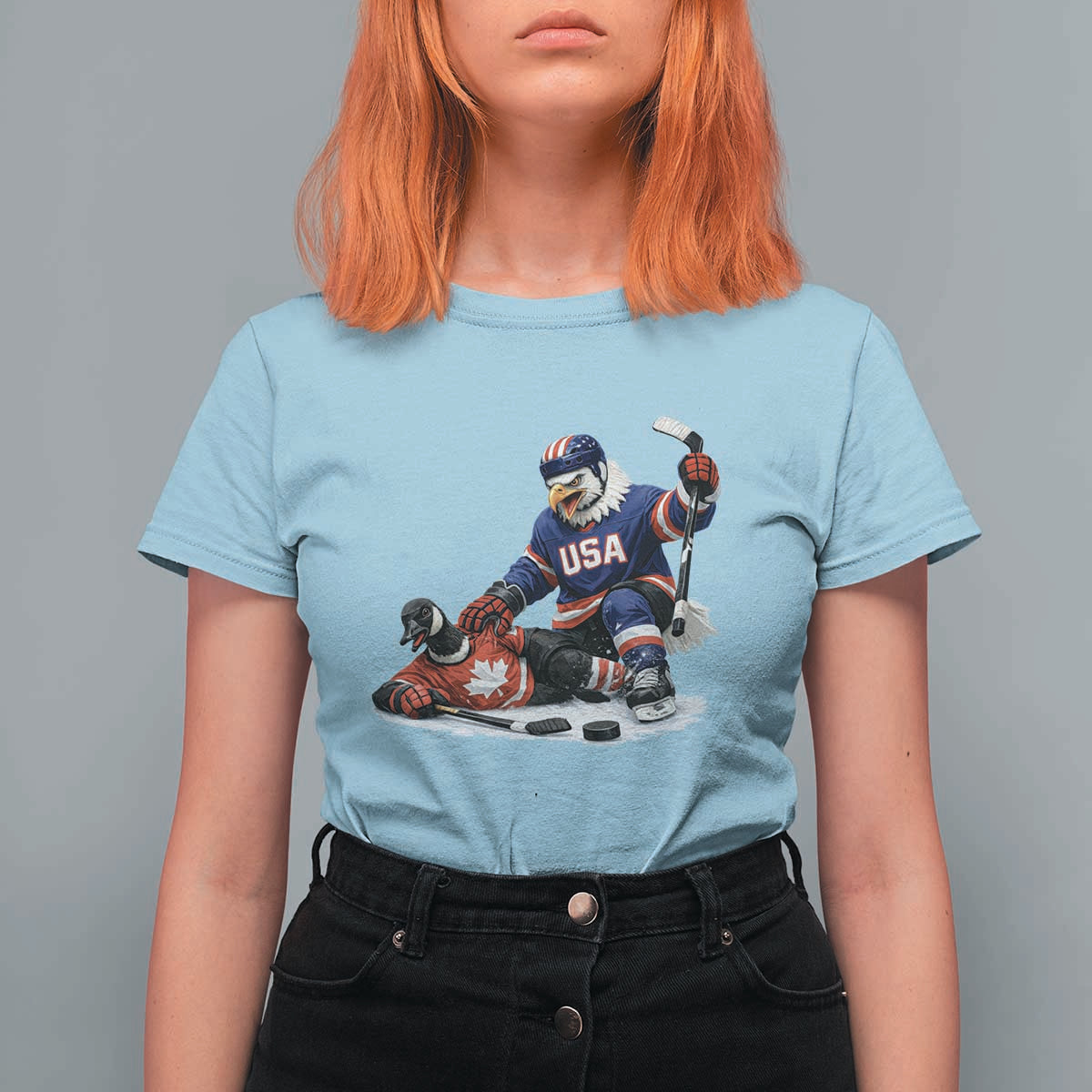 USA Eagle Vs Canada Loon Rivalry Graphic T Shirt For Women Funny Sports Fan Ice Hockey Game Day Supporter
