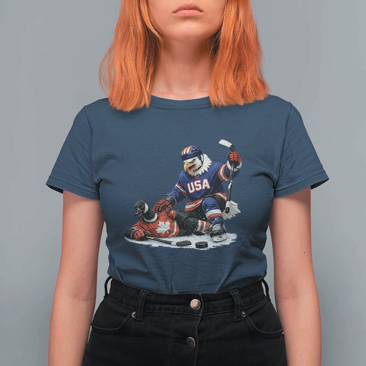 USA Eagle Vs Canada Loon Rivalry Graphic T Shirt For Women Funny Sports Fan Ice Hockey Game Day Supporter