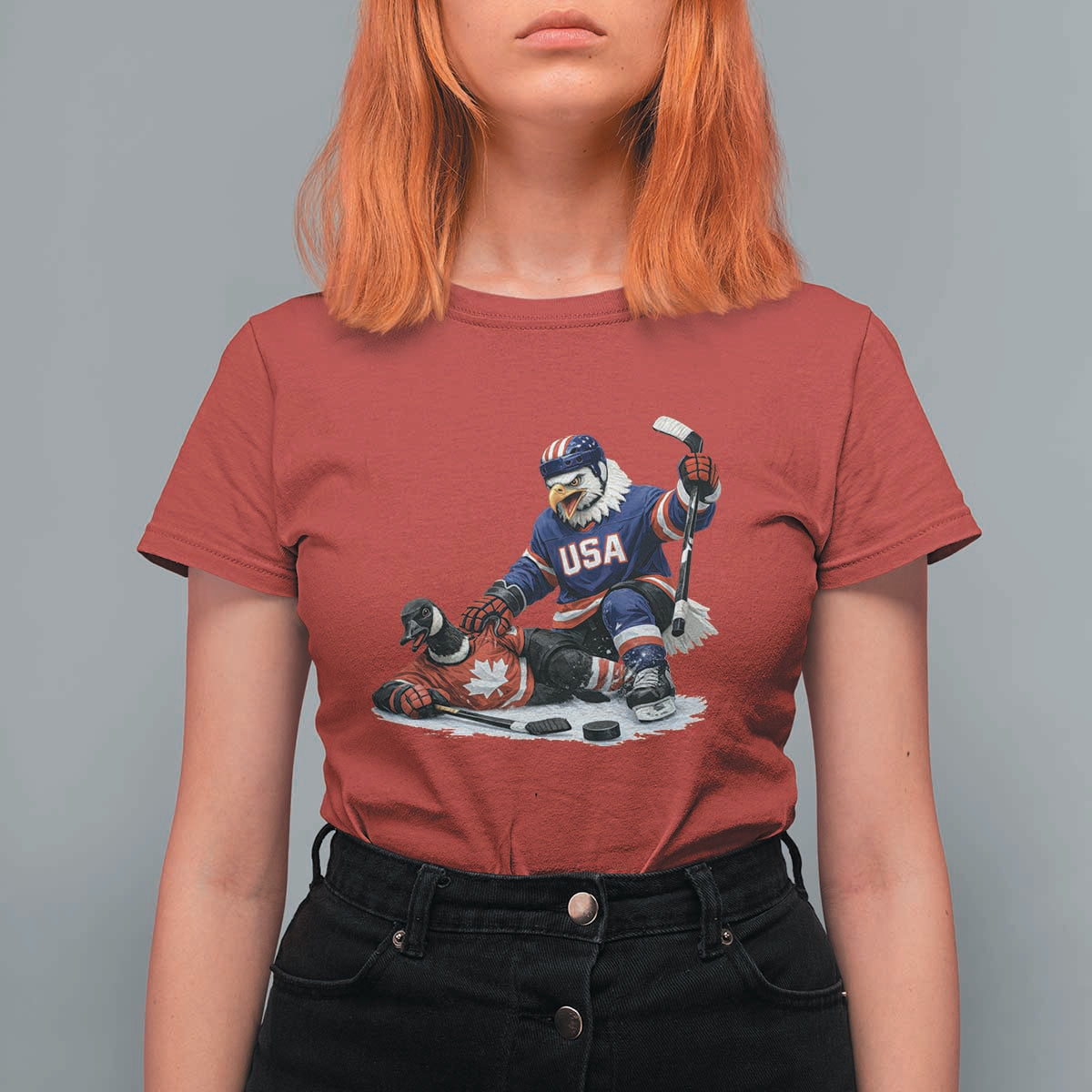 USA Eagle Vs Canada Loon Rivalry Graphic T Shirt For Women Funny Sports Fan Ice Hockey Game Day Supporter