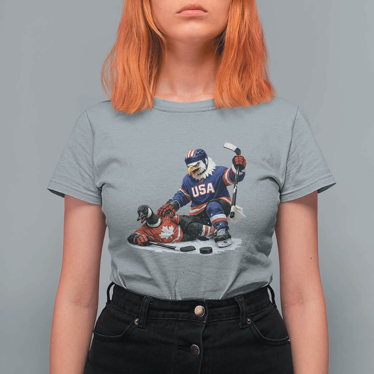 USA Eagle Vs Canada Loon Rivalry Graphic T Shirt For Women Funny Sports Fan Ice Hockey Game Day Supporter