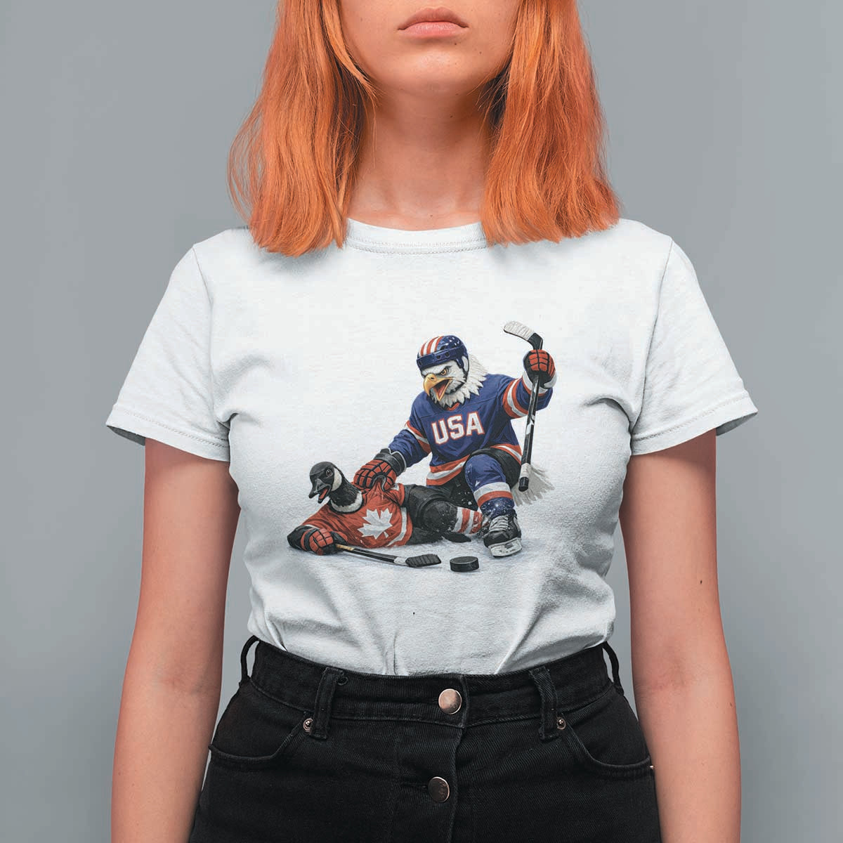 USA Eagle Vs Canada Loon Rivalry Graphic T Shirt For Women Funny Sports Fan Ice Hockey Game Day Supporter