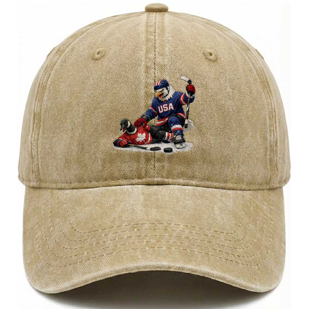 USA Eagle Vs Canada Loon Rivalry Graphic Washed Cotton Baseball Cap Funny Sports Fan Ice Hockey Game Day Supporter