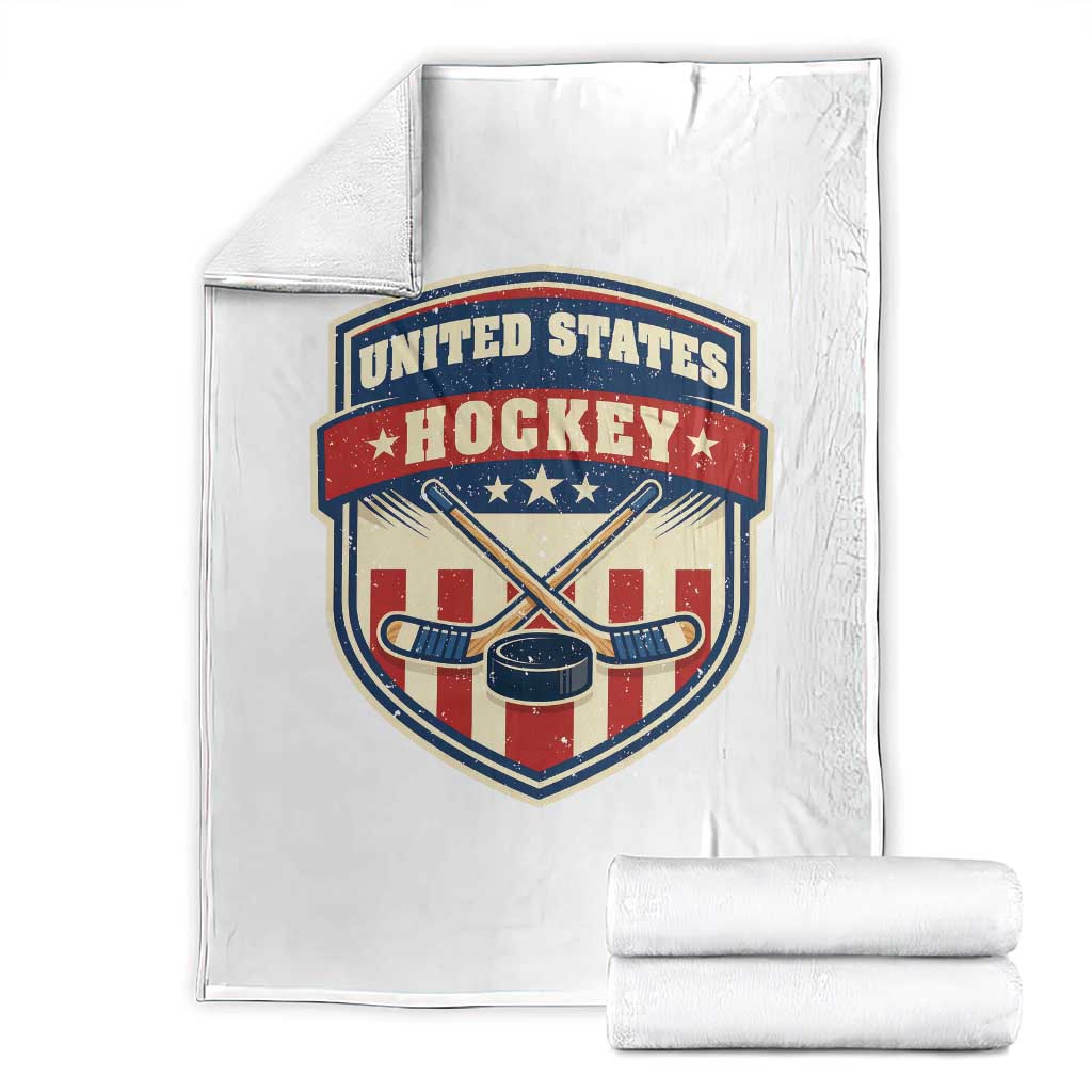 Hockey Crossed Sticks And Puck Retro USA Shield Flag Throw Blanket Red White Blue Striped Patriotic Sports Fan Pride Graphic