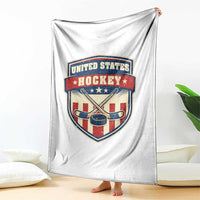 Hockey Crossed Sticks And Puck Retro USA Shield Flag Throw Blanket Red White Blue Striped Patriotic Sports Fan Pride Graphic
