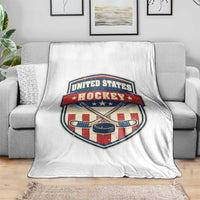 Hockey Crossed Sticks And Puck Retro USA Shield Flag Throw Blanket Red White Blue Striped Patriotic Sports Fan Pride Graphic