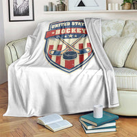 Hockey Crossed Sticks And Puck Retro USA Shield Flag Throw Blanket Red White Blue Striped Patriotic Sports Fan Pride Graphic