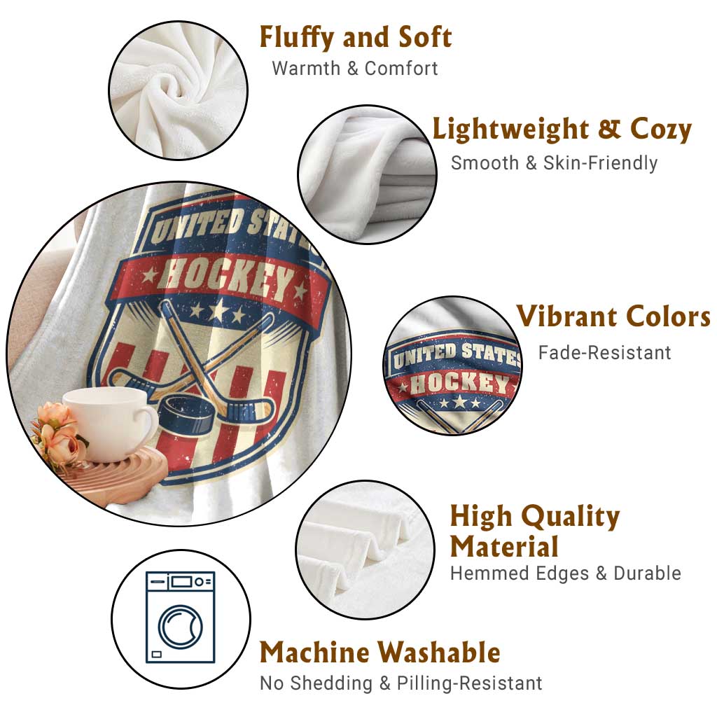 Hockey Crossed Sticks And Puck Retro USA Shield Flag Throw Blanket Red White Blue Striped Patriotic Sports Fan Pride Graphic