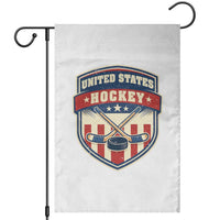Hockey Crossed Sticks And Puck Retro USA Shield Flag Garden Flag Red White Blue Striped Patriotic Sports Fan Pride Graphic