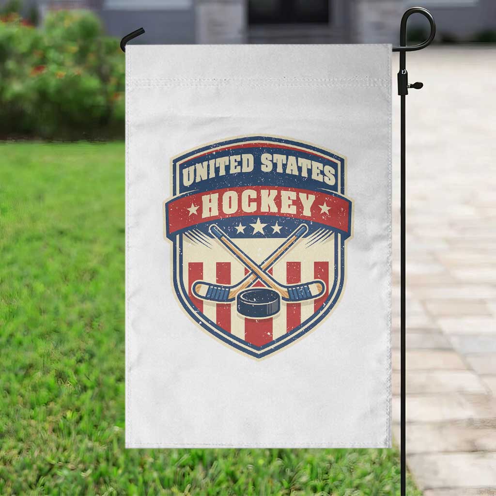 Hockey Crossed Sticks And Puck Retro USA Shield Flag Garden Flag Red White Blue Striped Patriotic Sports Fan Pride Graphic