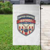 Hockey Crossed Sticks And Puck Retro USA Shield Flag Garden Flag Red White Blue Striped Patriotic Sports Fan Pride Graphic