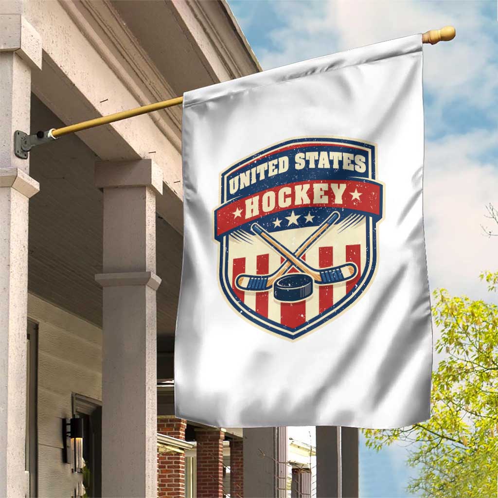 Hockey Crossed Sticks And Puck Retro USA Shield Flag Garden Flag Red White Blue Striped Patriotic Sports Fan Pride Graphic