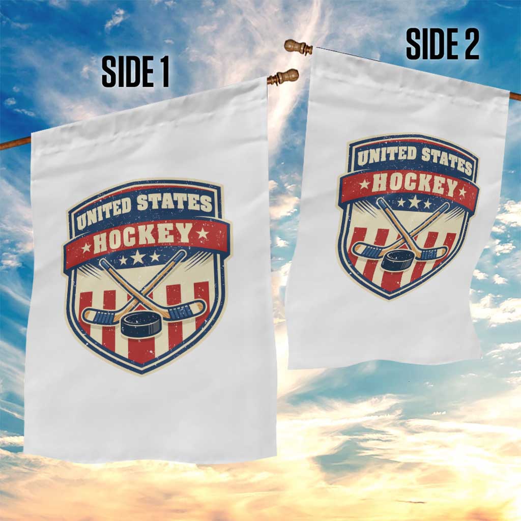 Hockey Crossed Sticks And Puck Retro USA Shield Flag Garden Flag Red White Blue Striped Patriotic Sports Fan Pride Graphic