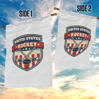 Hockey Crossed Sticks And Puck Retro USA Shield Flag Garden Flag Red White Blue Striped Patriotic Sports Fan Pride Graphic