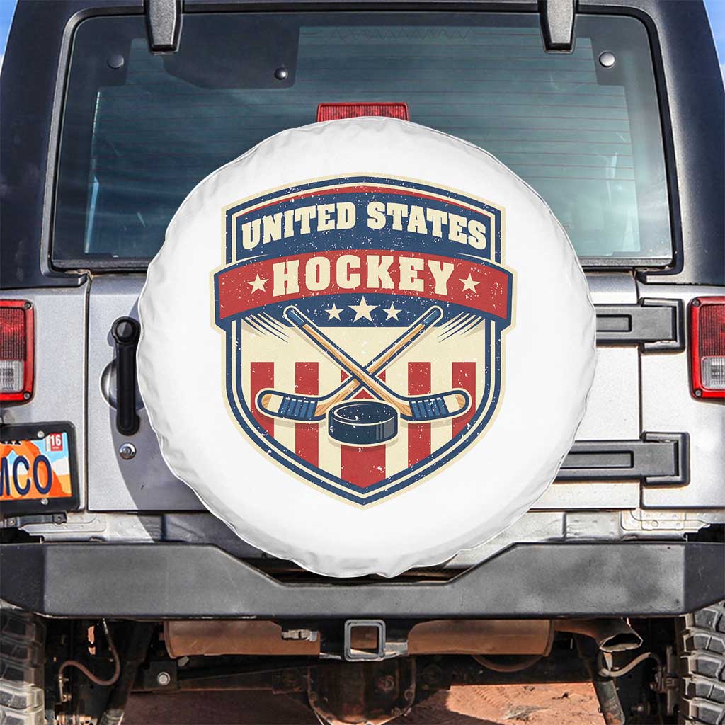 Hockey Crossed Sticks And Puck Retro USA Shield Flag Spare Tire Cover Red White Blue Striped Patriotic Sports Fan Pride Graphic