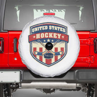Hockey Crossed Sticks And Puck Retro USA Shield Flag Spare Tire Cover Red White Blue Striped Patriotic Sports Fan Pride Graphic