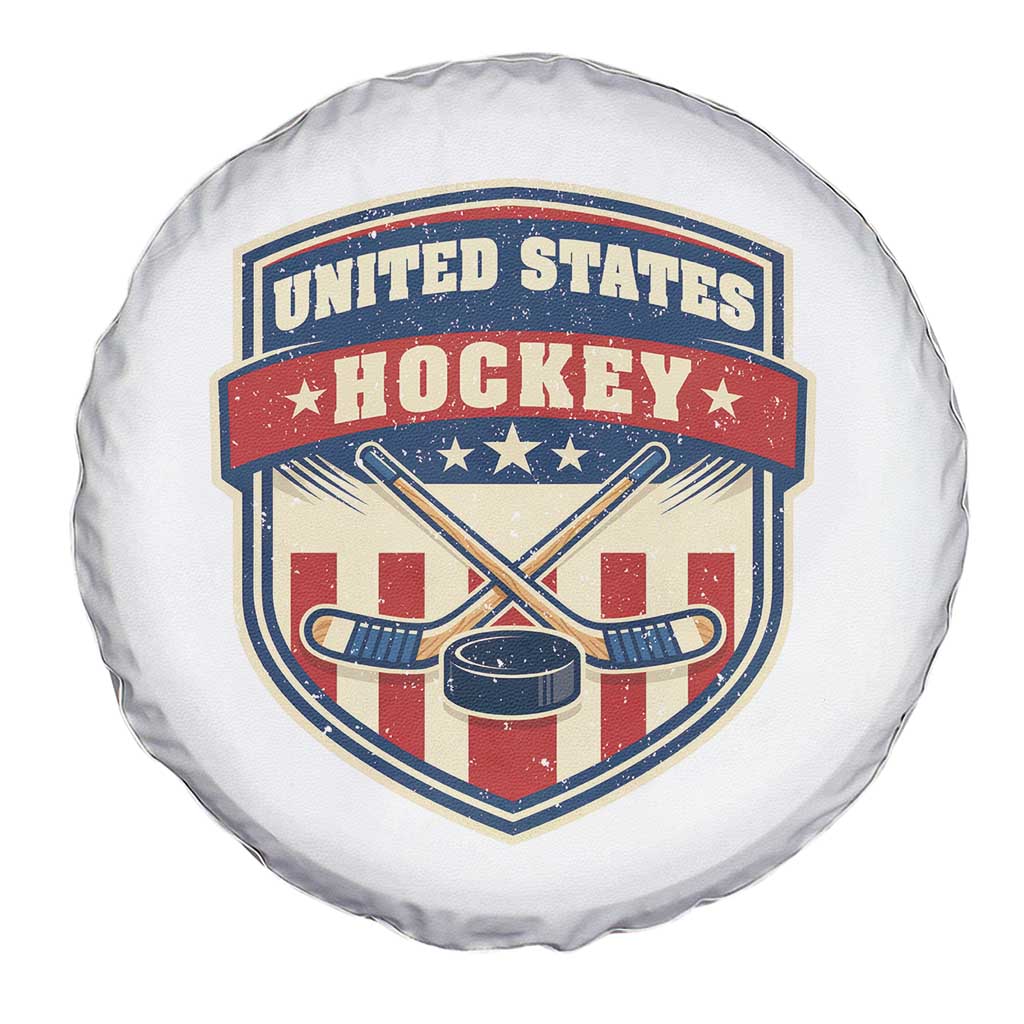 Hockey Crossed Sticks And Puck Retro USA Shield Flag Spare Tire Cover Red White Blue Striped Patriotic Sports Fan Pride Graphic