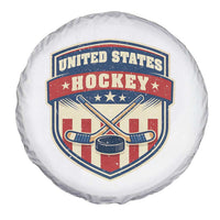 Hockey Crossed Sticks And Puck Retro USA Shield Flag Spare Tire Cover Red White Blue Striped Patriotic Sports Fan Pride Graphic