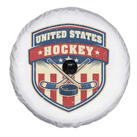 Hockey Crossed Sticks And Puck Retro USA Shield Flag Spare Tire Cover Red White Blue Striped Patriotic Sports Fan Pride Graphic