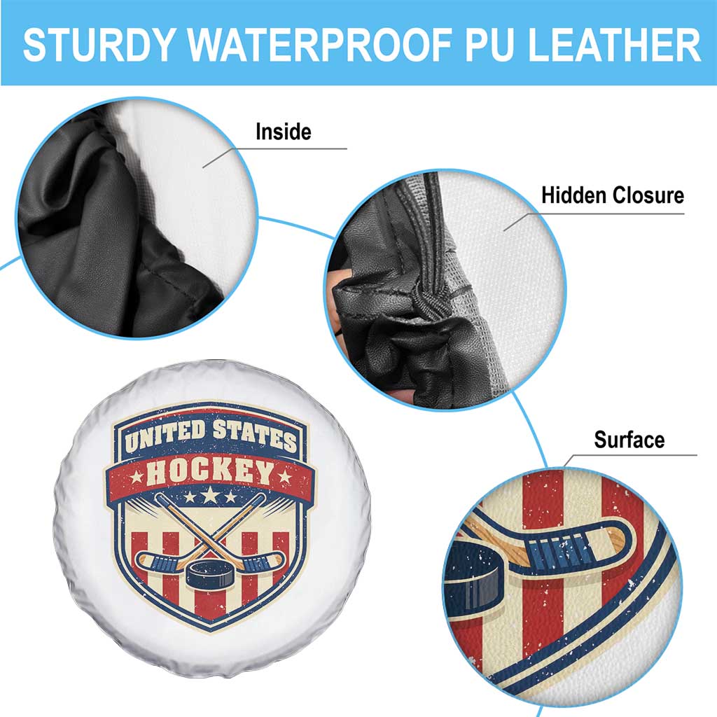 Hockey Crossed Sticks And Puck Retro USA Shield Flag Spare Tire Cover Red White Blue Striped Patriotic Sports Fan Pride Graphic
