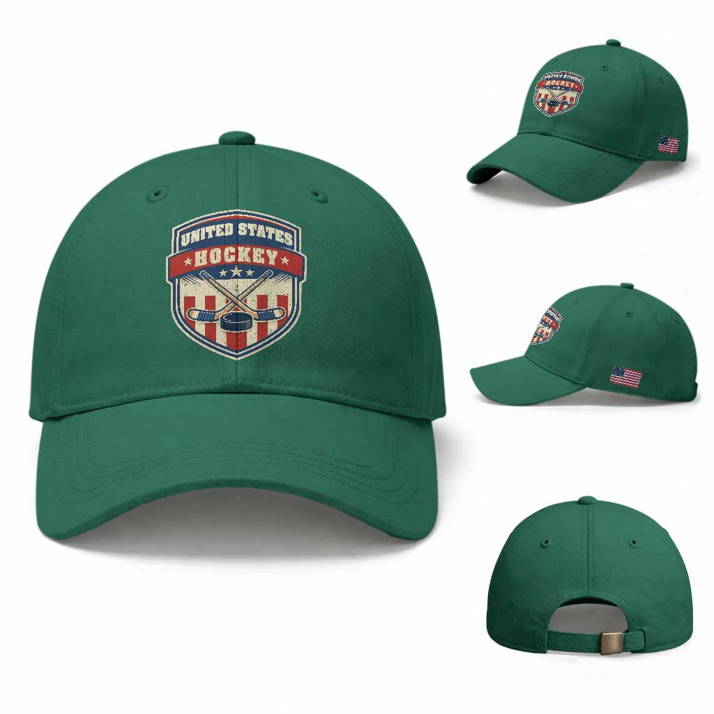 Hockey Crossed Sticks And Puck Retro USA Shield Flag Baseball Cap Red White Blue Striped Patriotic Sports Fan Pride Graphic