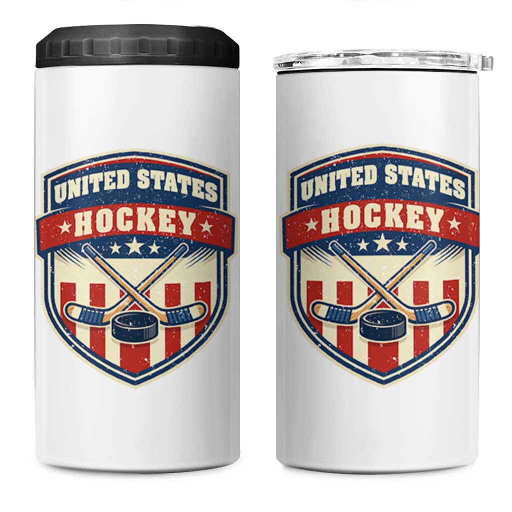 Hockey Crossed Sticks And Puck Retro USA Shield Flag 4 in 1 Can Cooler Tumbler Red White Blue Striped Patriotic Sports Fan Pride Graphic