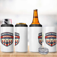 Hockey Crossed Sticks And Puck Retro USA Shield Flag 4 in 1 Can Cooler Tumbler Red White Blue Striped Patriotic Sports Fan Pride Graphic