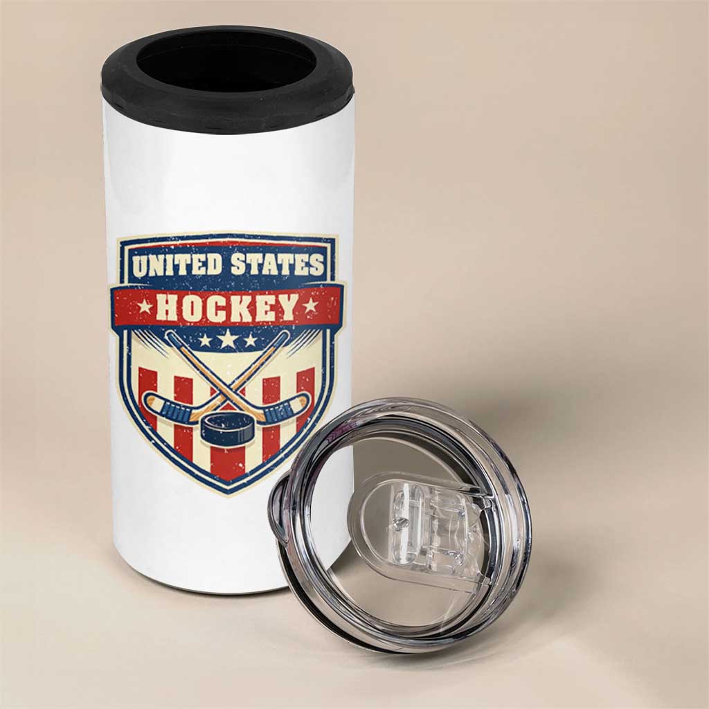 Hockey Crossed Sticks And Puck Retro USA Shield Flag 4 in 1 Can Cooler Tumbler Red White Blue Striped Patriotic Sports Fan Pride Graphic