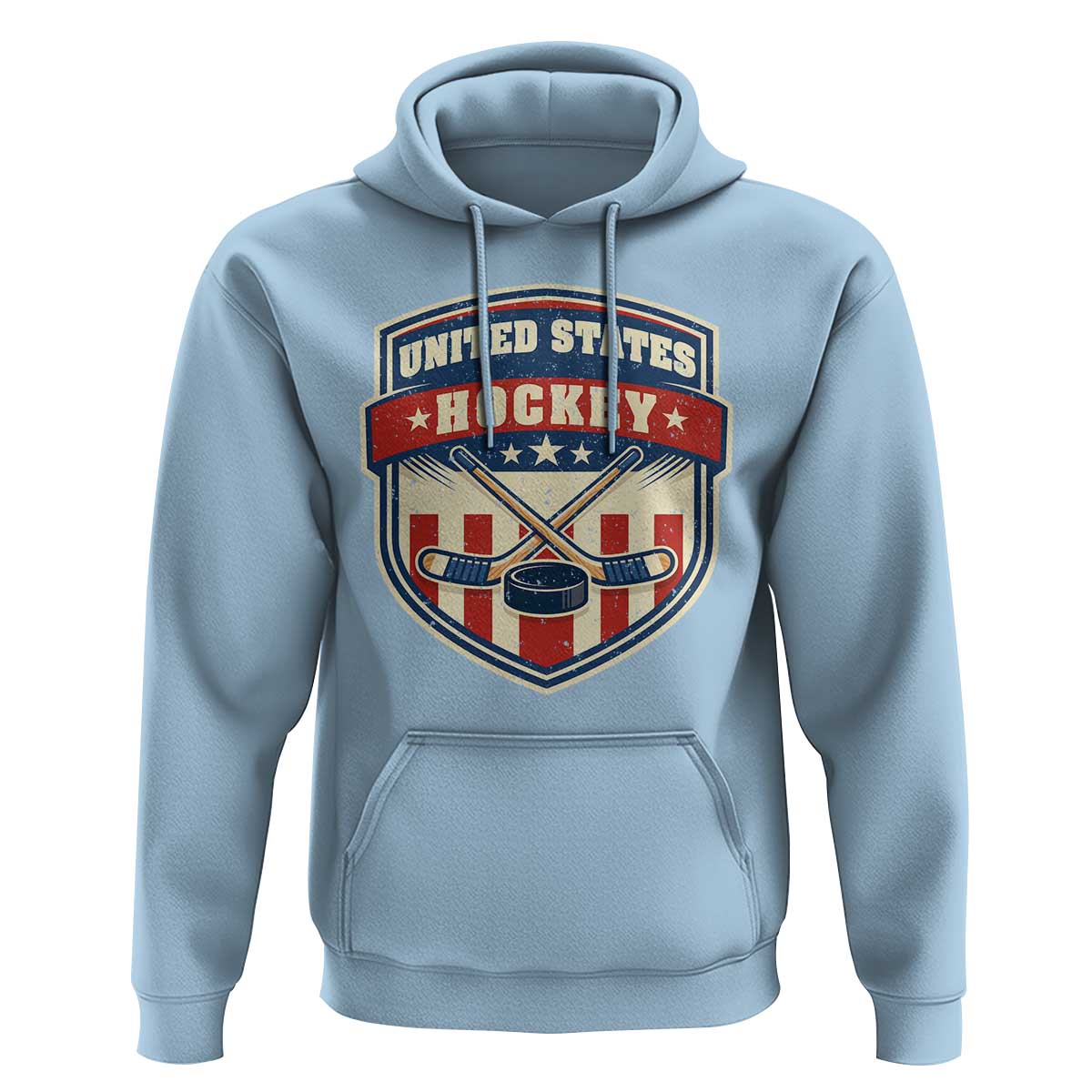 Hockey Crossed Sticks And Puck Retro USA Shield Flag Hoodie Red White Blue Striped Patriotic Sports Fan Pride Graphic