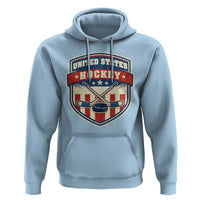 Hockey Crossed Sticks And Puck Retro USA Shield Flag Hoodie Red White Blue Striped Patriotic Sports Fan Pride Graphic