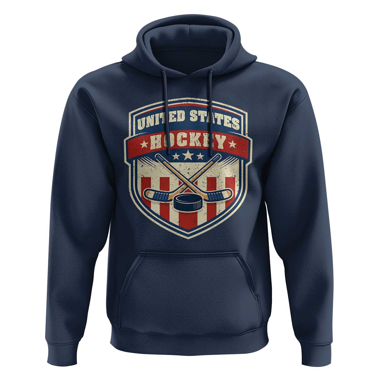 Hockey Crossed Sticks And Puck Retro USA Shield Flag Hoodie Red White Blue Striped Patriotic Sports Fan Pride Graphic