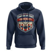 Hockey Crossed Sticks And Puck Retro USA Shield Flag Hoodie Red White Blue Striped Patriotic Sports Fan Pride Graphic