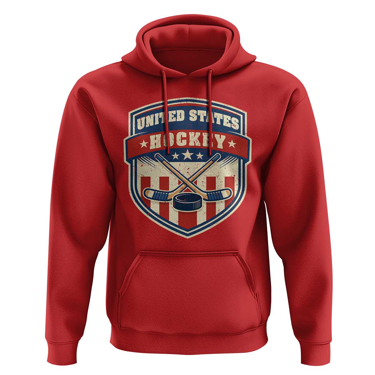 Hockey Crossed Sticks And Puck Retro USA Shield Flag Hoodie Red White Blue Striped Patriotic Sports Fan Pride Graphic