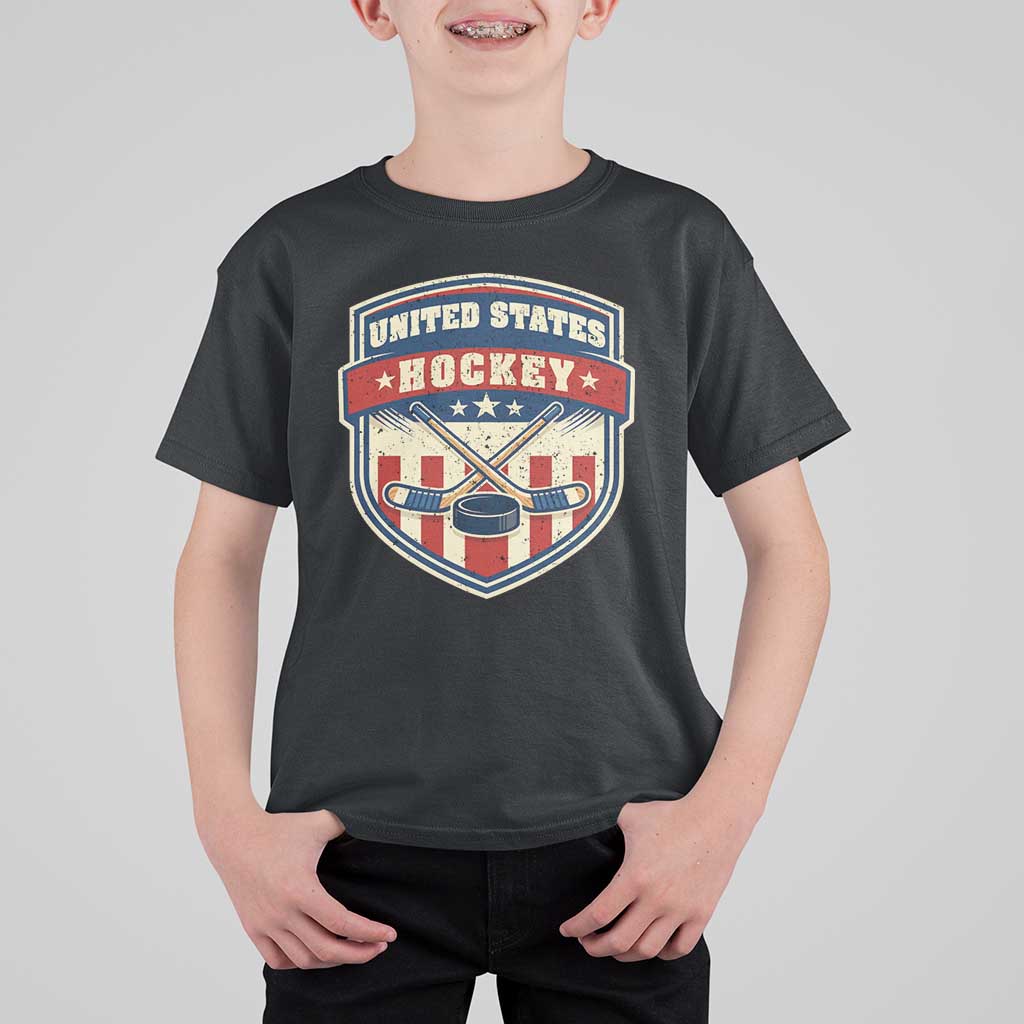 Hockey Crossed Sticks And Puck Retro USA Shield Flag T Shirt For Kid Red White Blue Striped Patriotic Sports Fan Pride Graphic