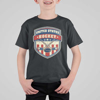 Hockey Crossed Sticks And Puck Retro USA Shield Flag T Shirt For Kid Red White Blue Striped Patriotic Sports Fan Pride Graphic