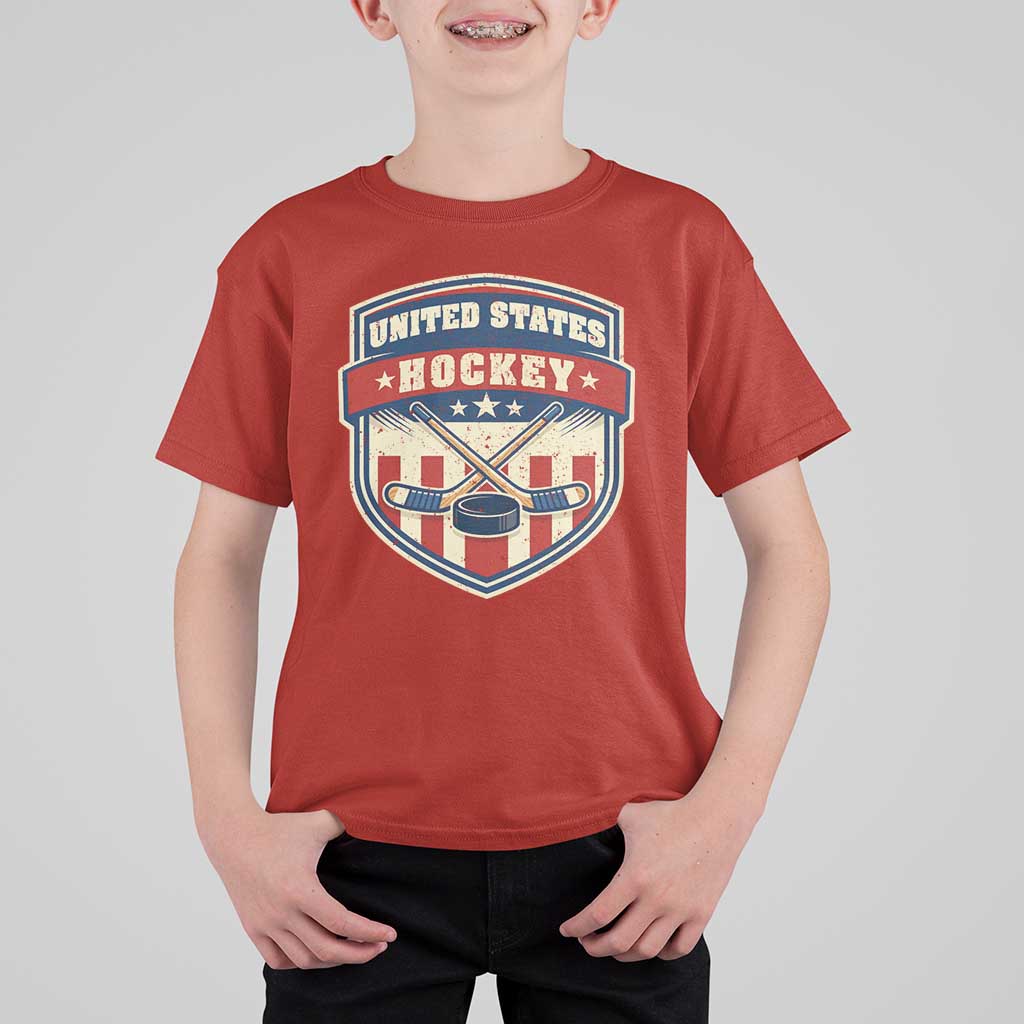 Hockey Crossed Sticks And Puck Retro USA Shield Flag T Shirt For Kid Red White Blue Striped Patriotic Sports Fan Pride Graphic