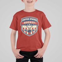 Hockey Crossed Sticks And Puck Retro USA Shield Flag T Shirt For Kid Red White Blue Striped Patriotic Sports Fan Pride Graphic