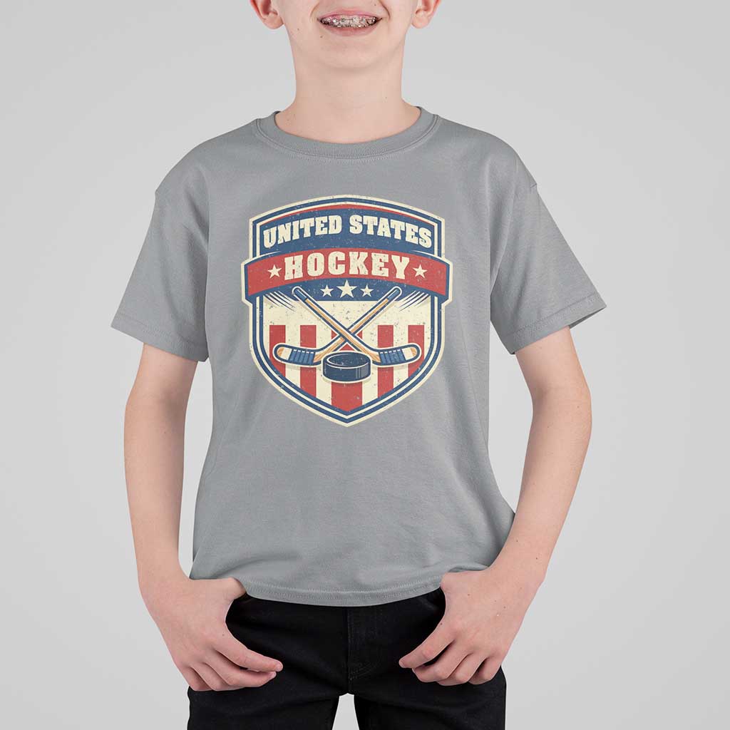 Hockey Crossed Sticks And Puck Retro USA Shield Flag T Shirt For Kid Red White Blue Striped Patriotic Sports Fan Pride Graphic