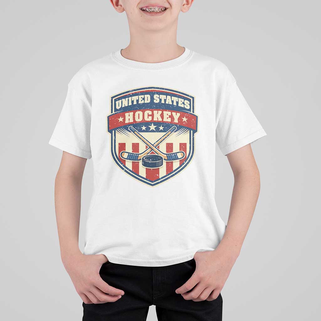 Hockey Crossed Sticks And Puck Retro USA Shield Flag T Shirt For Kid Red White Blue Striped Patriotic Sports Fan Pride Graphic