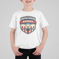 Hockey Crossed Sticks And Puck Retro USA Shield Flag T Shirt For Kid Red White Blue Striped Patriotic Sports Fan Pride Graphic