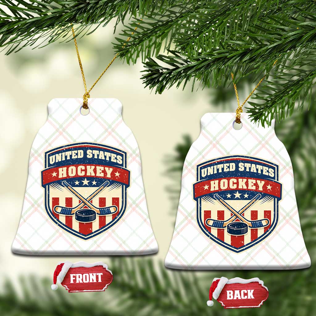 Hockey Crossed Sticks And Puck Retro USA Shield Flag Ceramic Ornament Red White Blue Striped Patriotic Sports Fan Pride Graphic