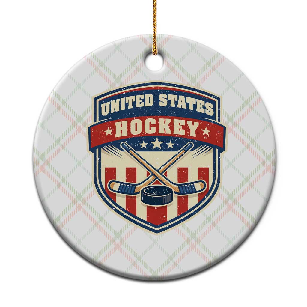 Hockey Crossed Sticks And Puck Retro USA Shield Flag Ceramic Ornament Red White Blue Striped Patriotic Sports Fan Pride Graphic