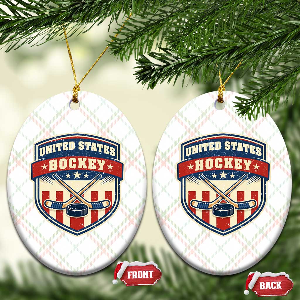 Hockey Crossed Sticks And Puck Retro USA Shield Flag Ceramic Ornament Red White Blue Striped Patriotic Sports Fan Pride Graphic