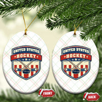 Hockey Crossed Sticks And Puck Retro USA Shield Flag Ceramic Ornament Red White Blue Striped Patriotic Sports Fan Pride Graphic